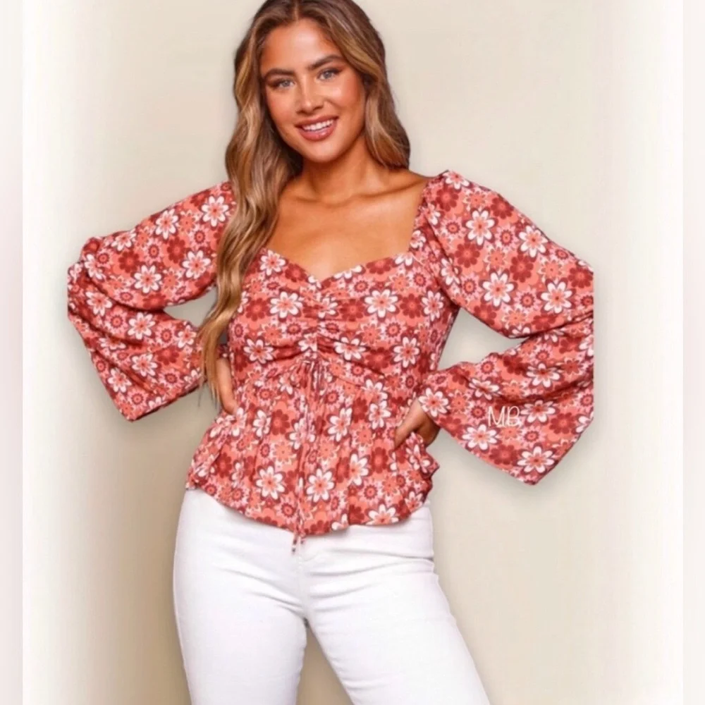 Red Floral Corset Peplum Blouse